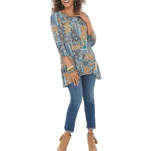 Chico’s Patchwork Tunic Top Boho Abstract Floral Cutout Scoop Neck Size 0 Small - Picture 3 of 10